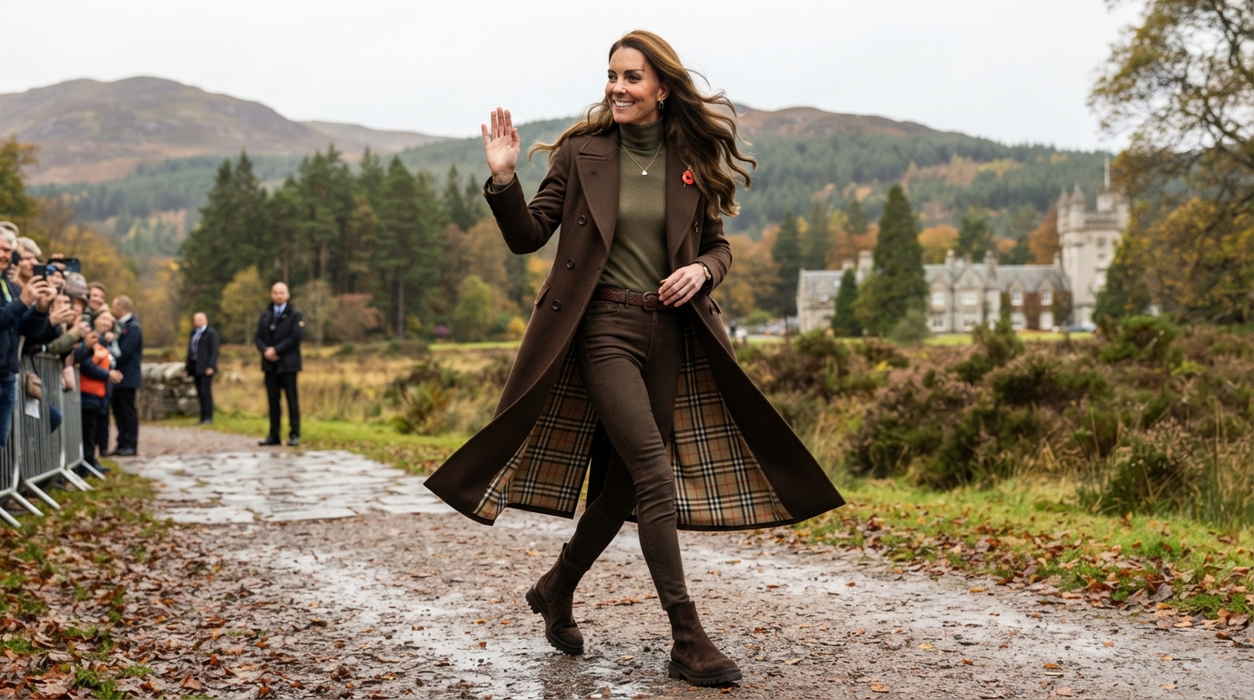 Princess Kate smiling in a khaki ribbed turtleneck and tweed baker boy cap during an outdoor coastal beach cleanup in Scotland
