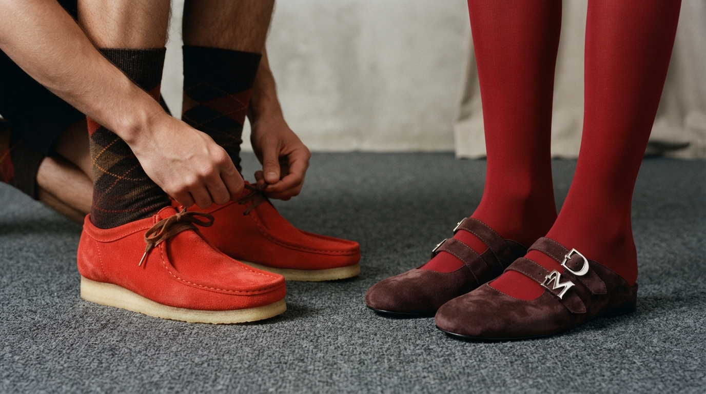 Close-up studio detail of Damson Madder x Clarks Originals showing red suede Wallabee with hiking eyelets and chocolate plum mule with silver DM buckles