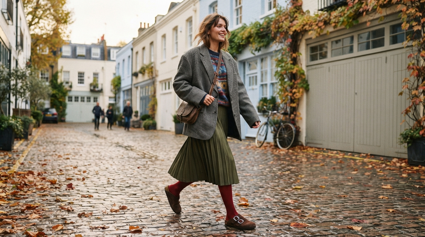 London street style fashion look featuring oversized houndstooth coat, pleated skirt, red tights, and chocolate-plum suede mules