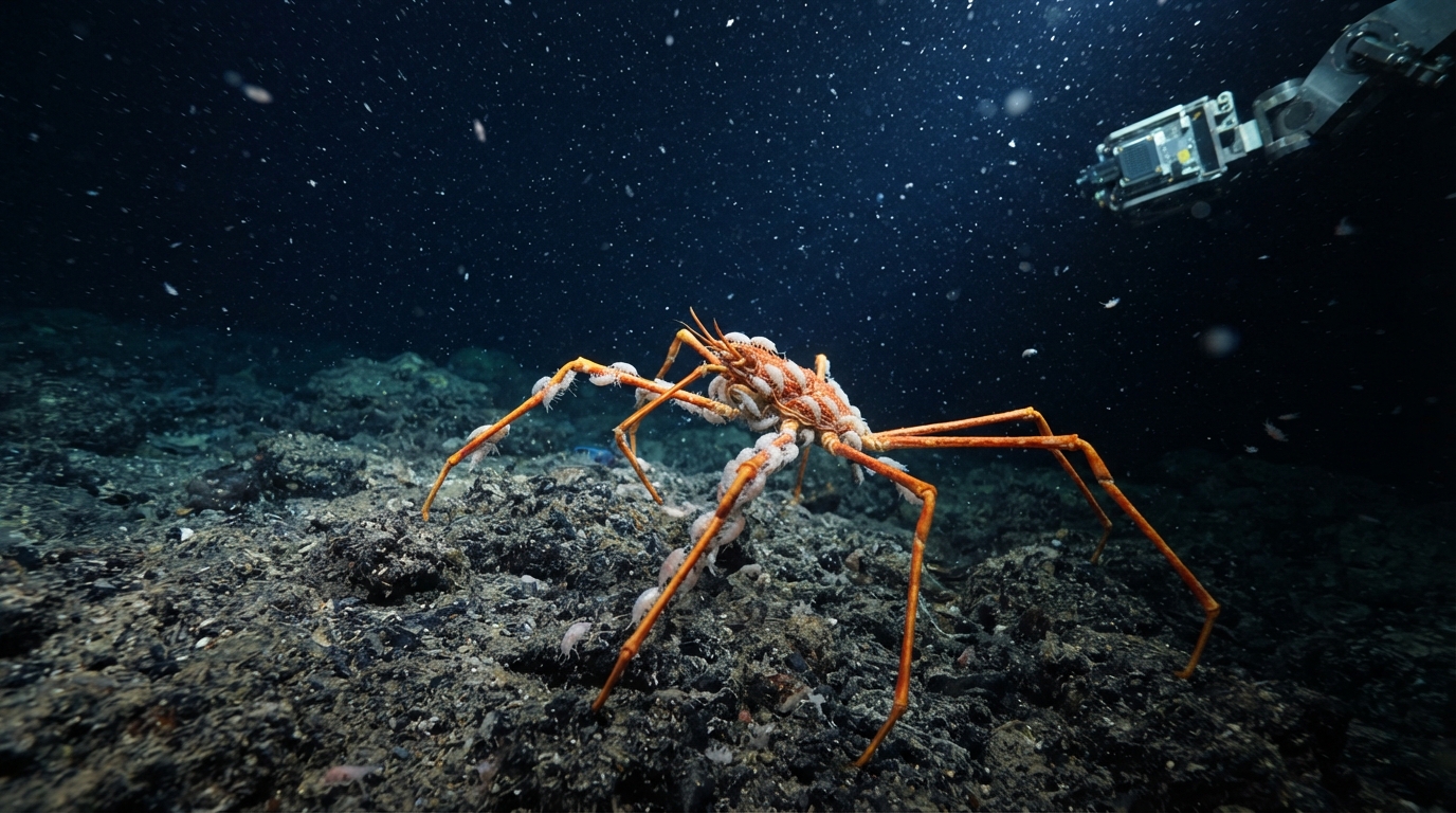 Tiny deep-sea amphipods Mesopleustes abyssorum clinging to the spindly legs of a giant sea spider Colossendeis colossea in the deep blue sea