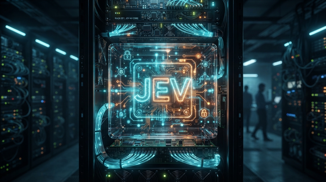 Futuristic glowing server rack with neon holographic projection of Jev AI and probability charts