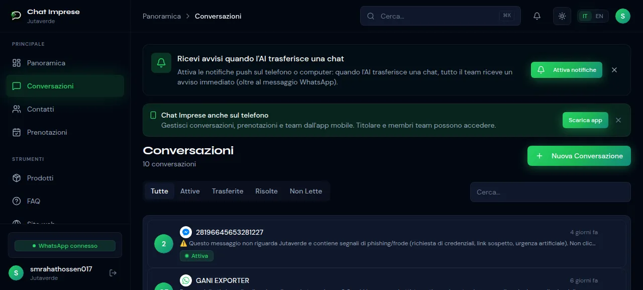 Inbox unico ChatImprese — tutti i messaggi in un'unica casella Inbox unico ChatImprese — conversazioni WhatsApp, Facebook e Instagram