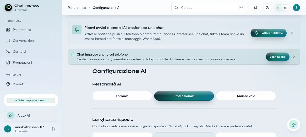 Configurazione AI di ChatImprese - personalità, lunghezza risposte, lingua e orari
