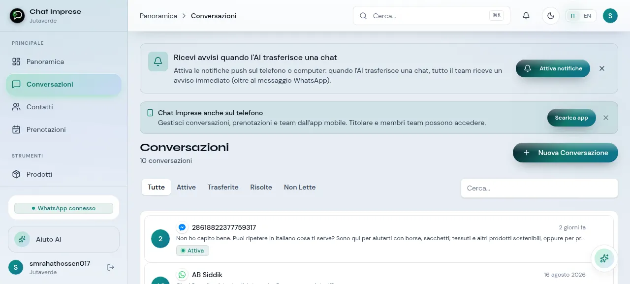 Inbox conversazioni ChatImprese - WhatsApp, Messenger, Instagram e Telegram in un'unica casella