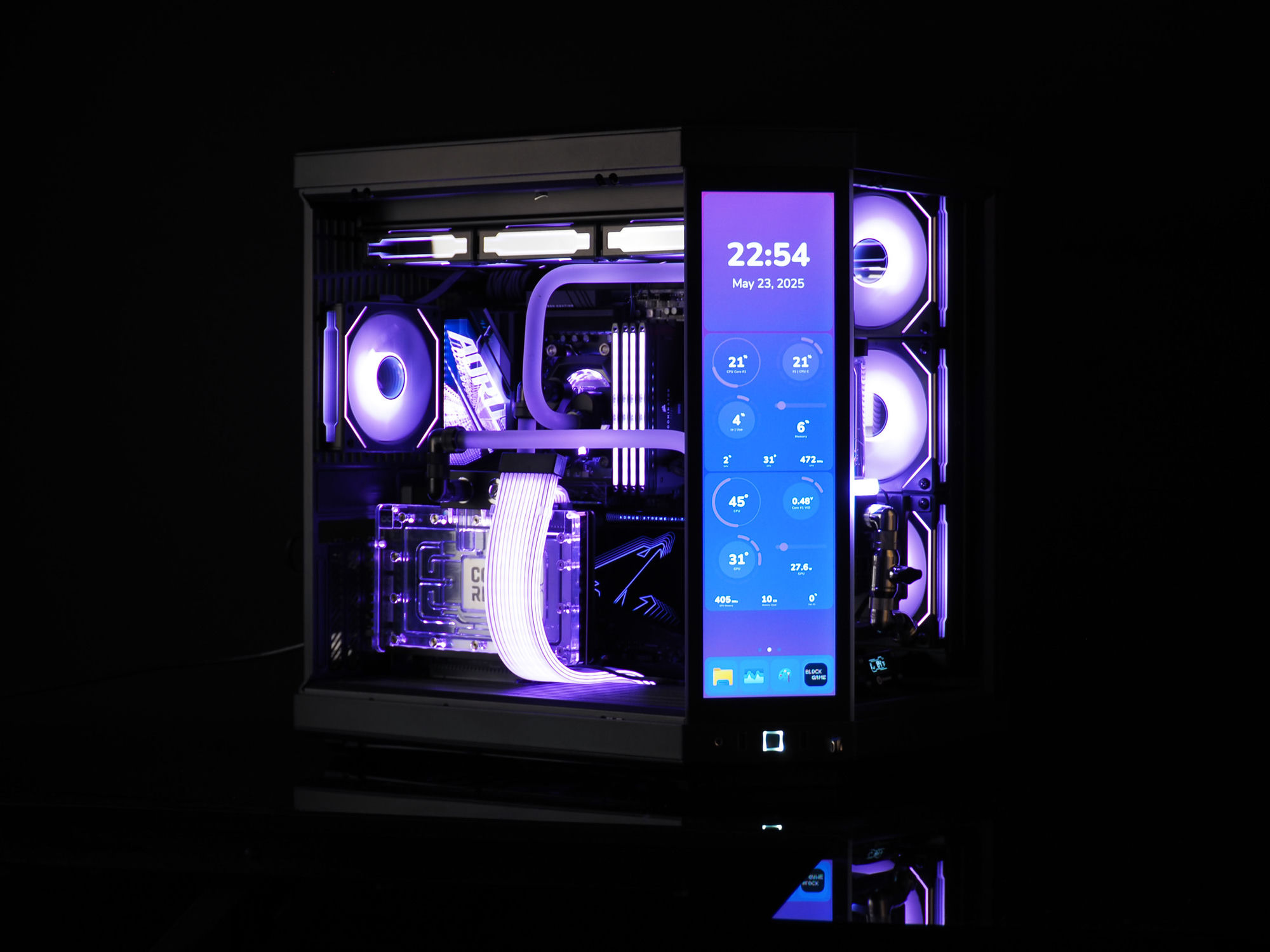 Ultraviolet — a HYTE Y70 build lit purple with a front touchscreen and a frosted hardline loop