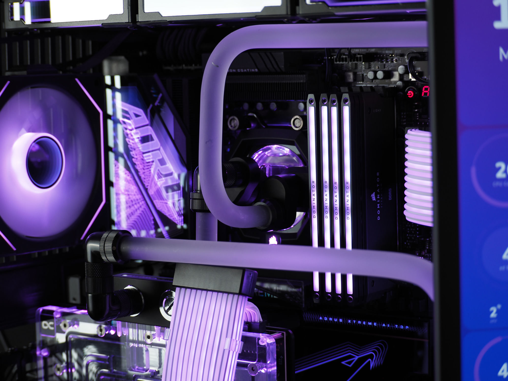Frosted hardline tubing glowing purple from within, past glowing Dominator memory