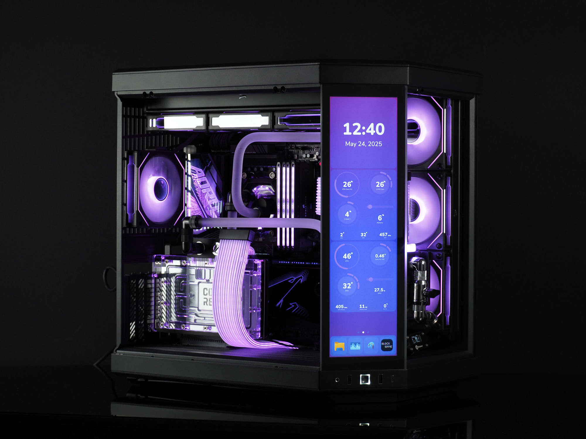 Ultraviolet beauty shot — a HYTE Y70 build lit purple with a front touchscreen and frosted hardline loop
