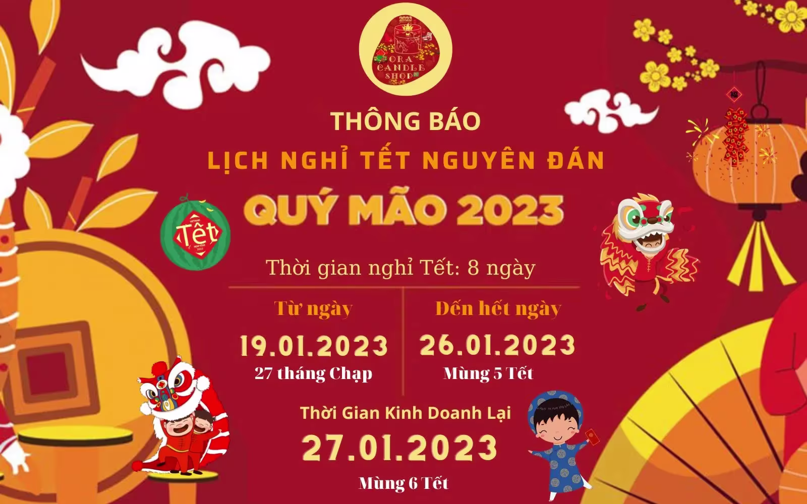 ORA Candle: Thông báo Lịch nghỉ Tết Nguyên Đán Quý Mão 2023