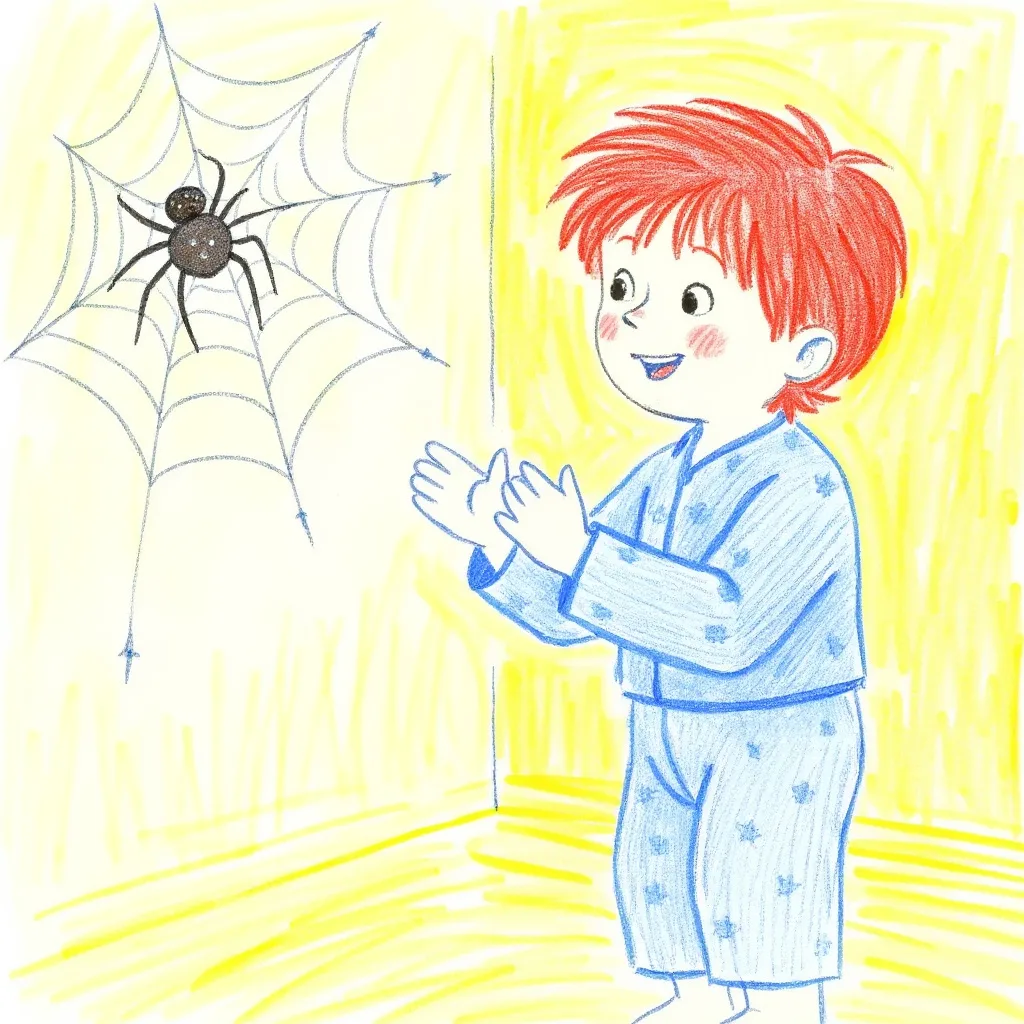 Illustration aus demselben Children's-Choice-Buch: Emil bestaunt freudig das Spinnennetz an der Wand