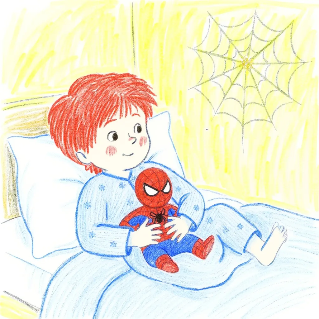 Illustration aus einem Children's-Choice-Buch: Emil liegt im Bett und hält sein Spider-Man-Kuscheltier im Arm