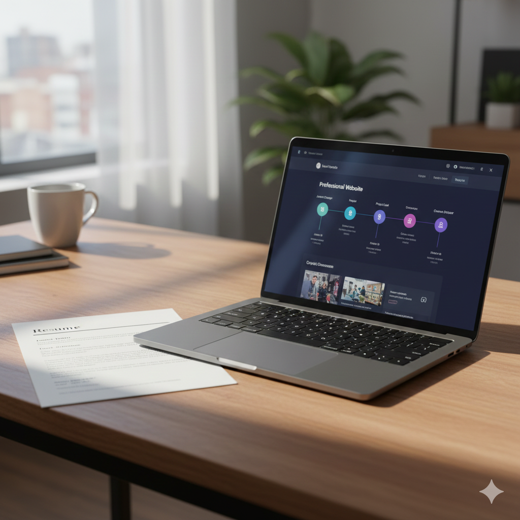 Traditional paper resume next to modern professional website on laptop screen showing career advancement