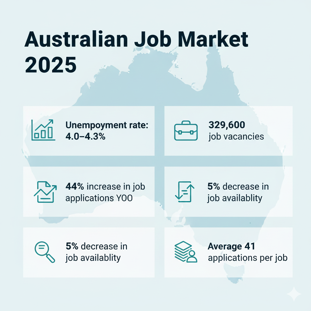 Australian job market statistics 2025 infographic showing unemployment rates and application numbers