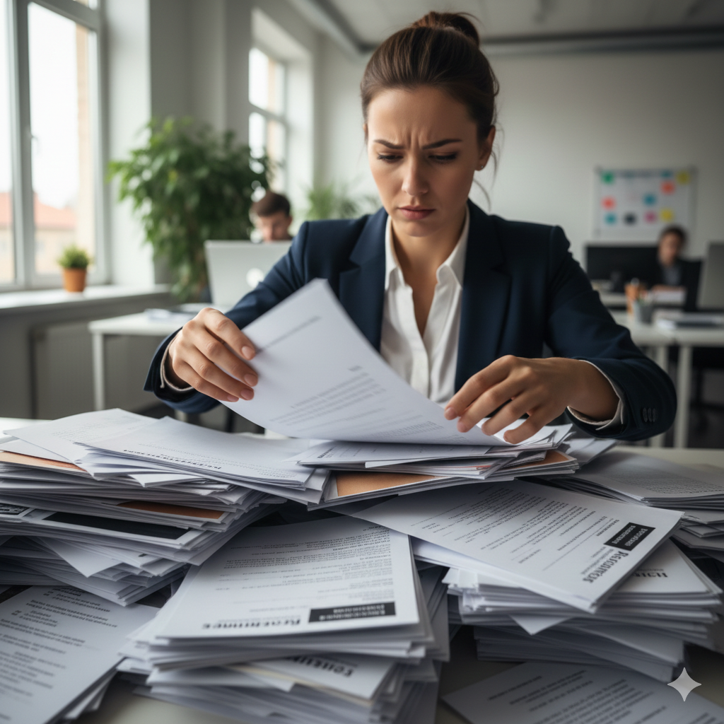 Recruiter quickly scanning through pile of traditional paper resumes showing limited engagement time