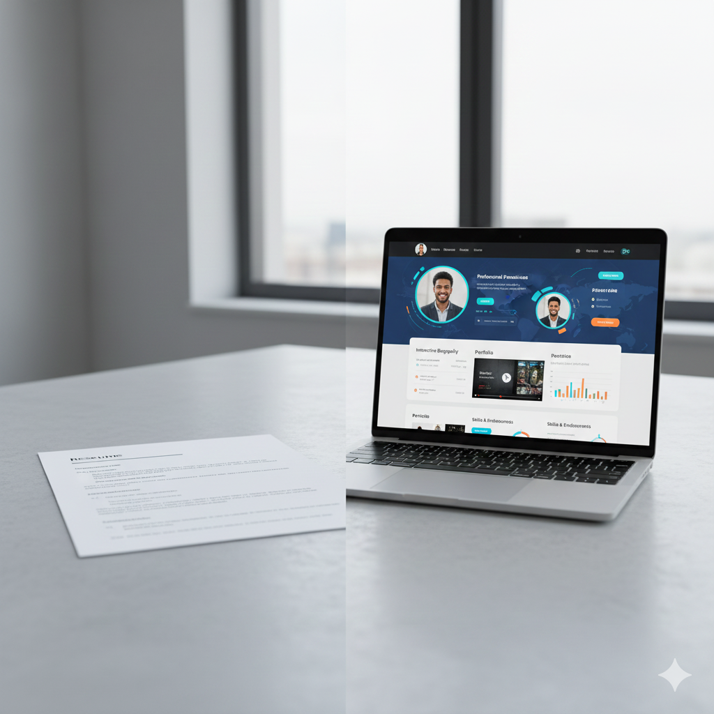Comparison split-screen showing traditional resume versus interactive professional website with portfolio