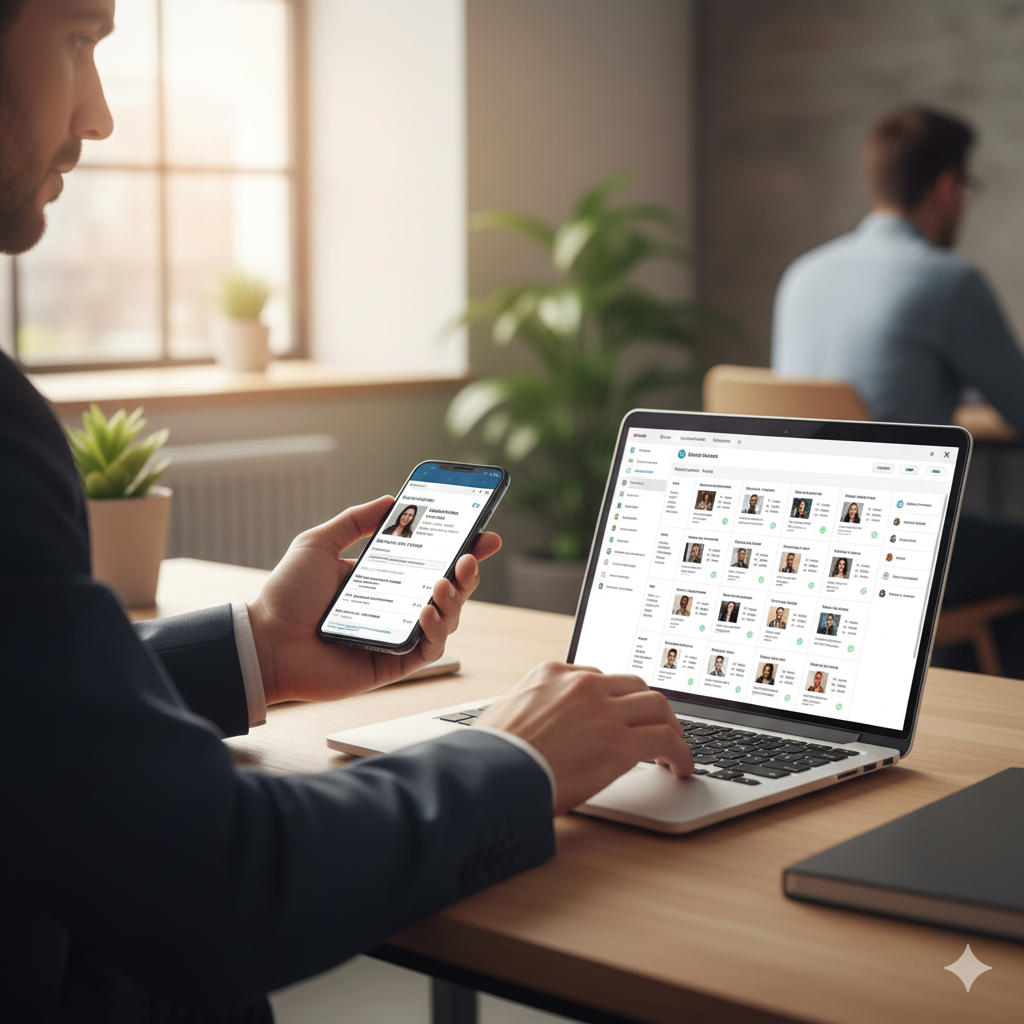 Modern recruiter researching job candidates on multiple devices including laptop and smartphone