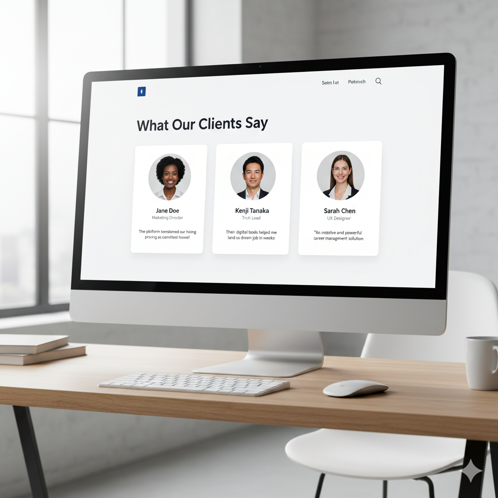 Professional testimonials section featuring recommendations from colleagues and managers