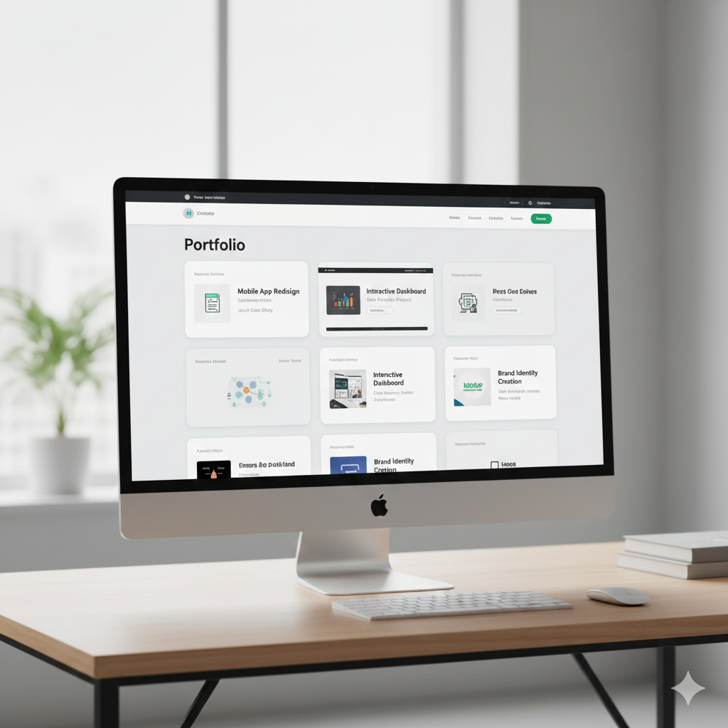 Professional portfolio grid displaying case studies and work samples