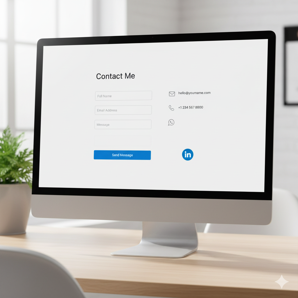 Professional contact form with email, phone, and LinkedIn integration options