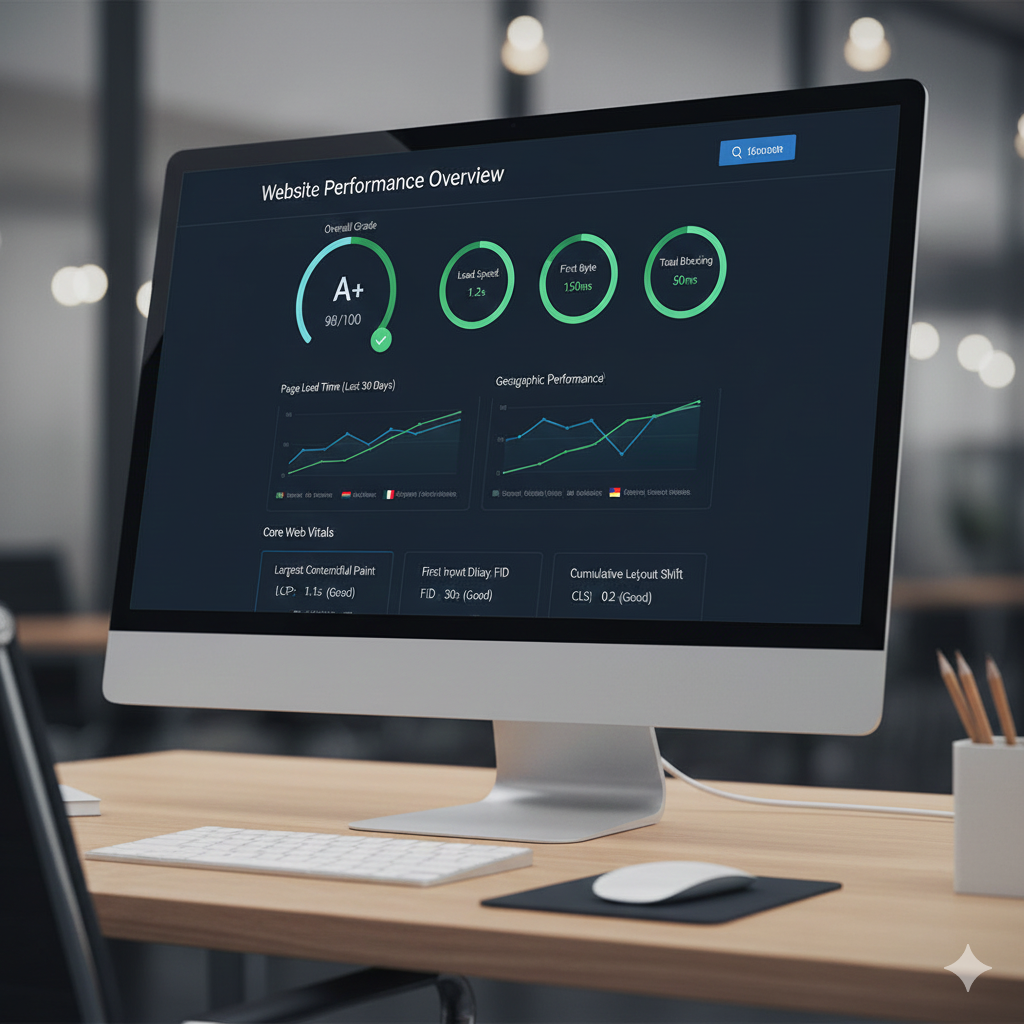 Website performance dashboard displaying fast loading times and SEO scores
