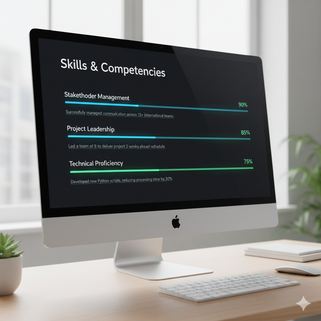 Interactive skills section on professional website showing proficiency levels and applications