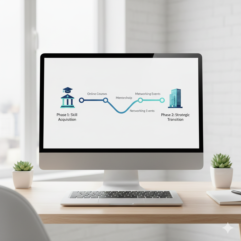 Career transition narrative showing professional journey from previous role to target industry
