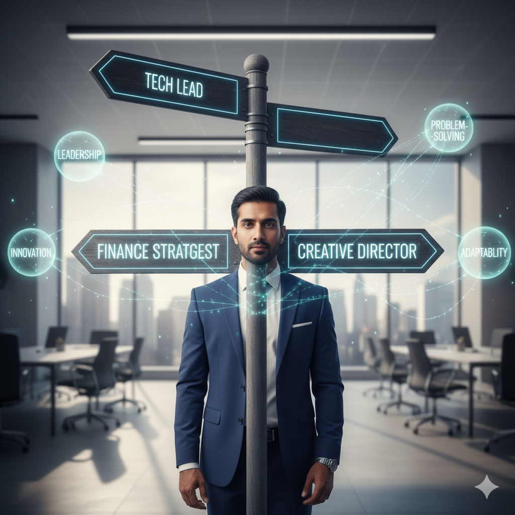 Professional considering career change paths with transferable skills concept