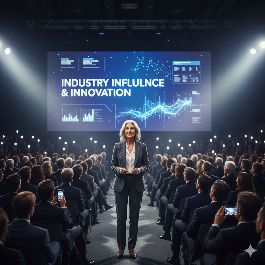 Senior professional delivering thought leadership presentation at industry conference