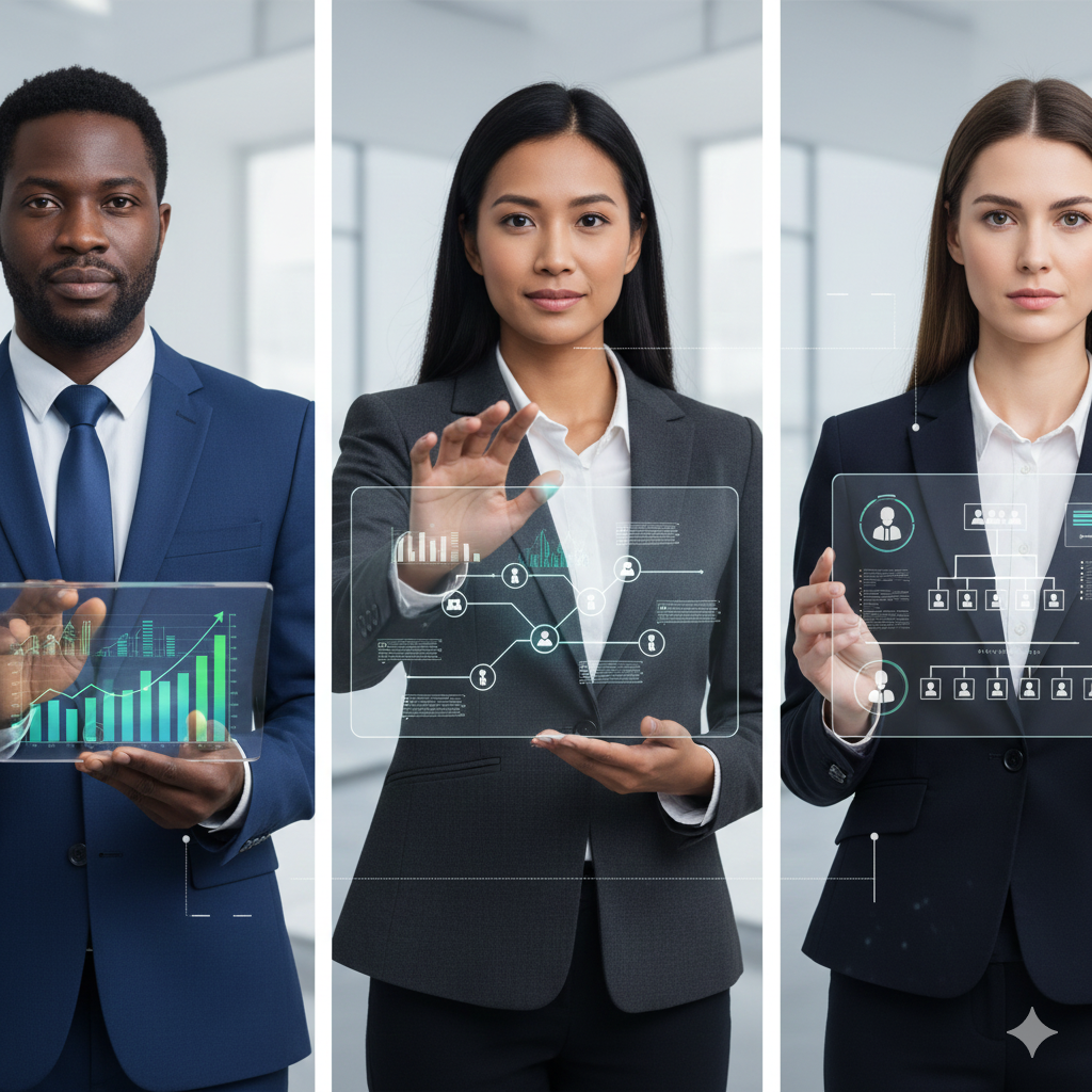 Professionals from various non-creative industries showcasing portfolios including business analysts, managers, and consultants