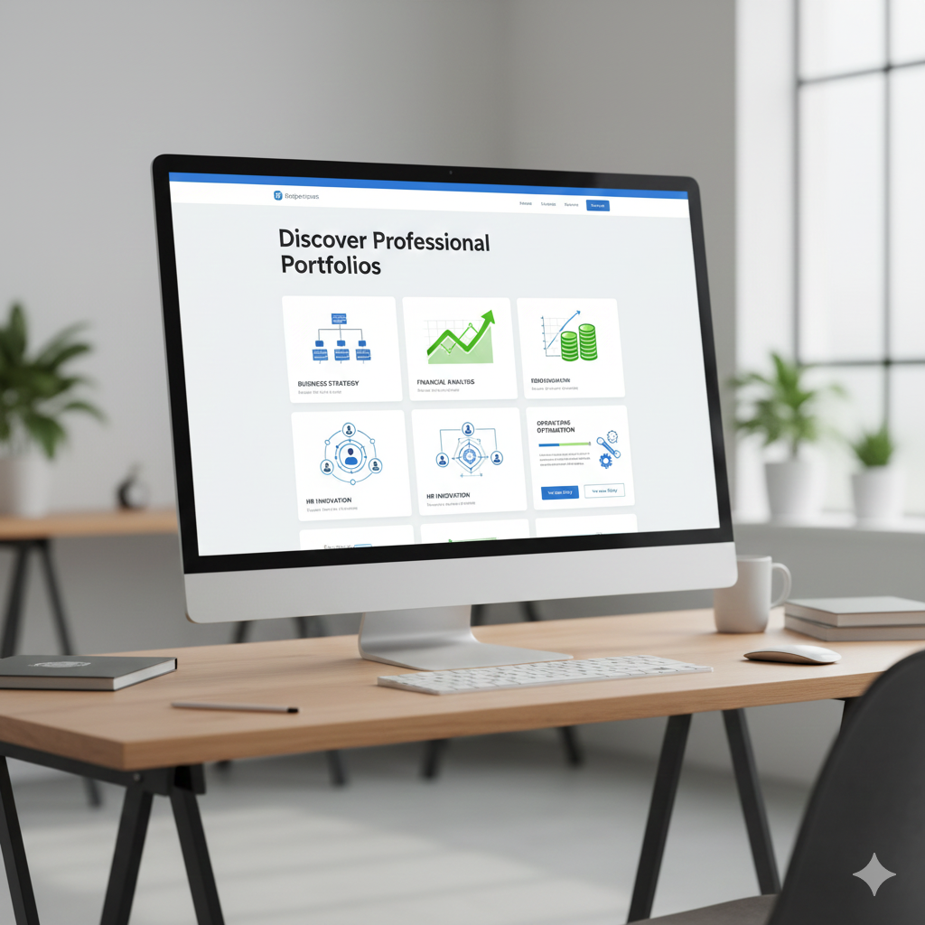 Portfolio examples from diverse professional fields including business, finance, HR, and operations