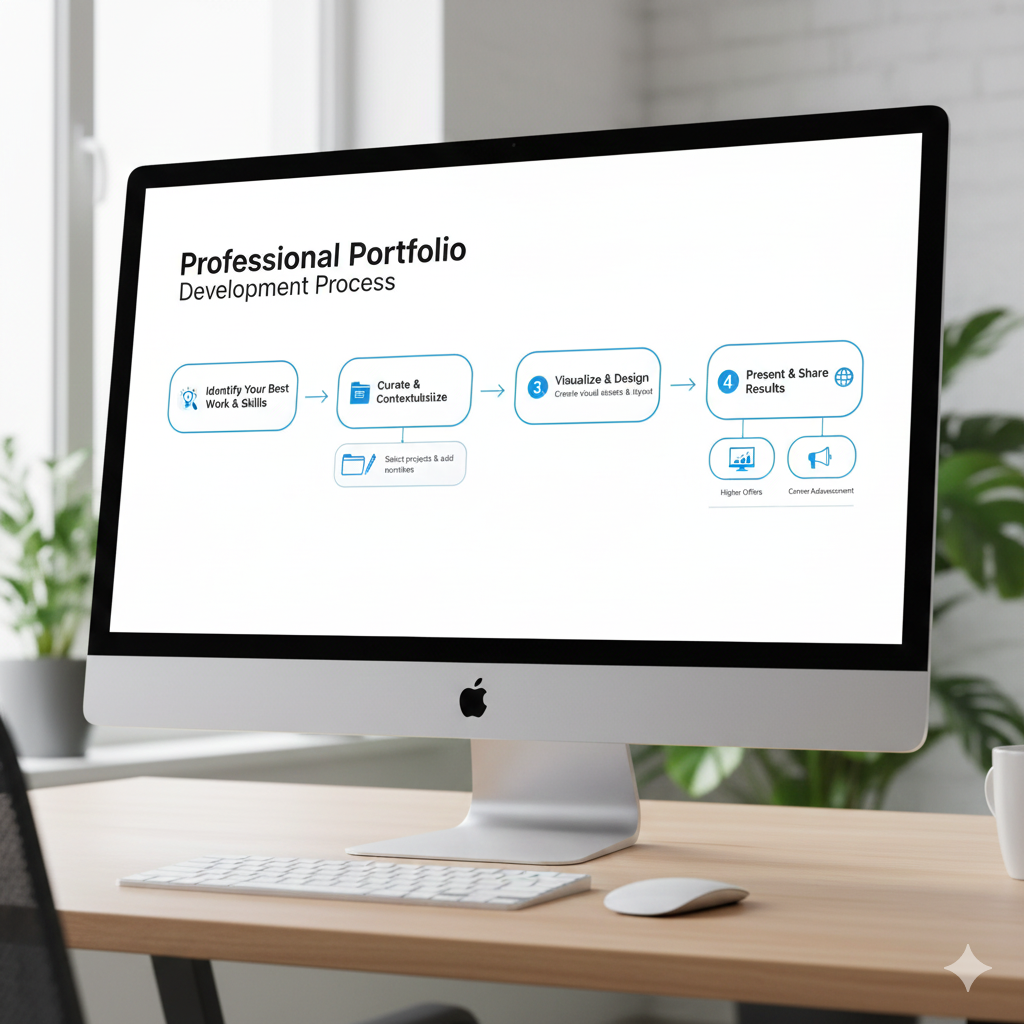 Portfolio development process flowchart from identifying work to presenting results