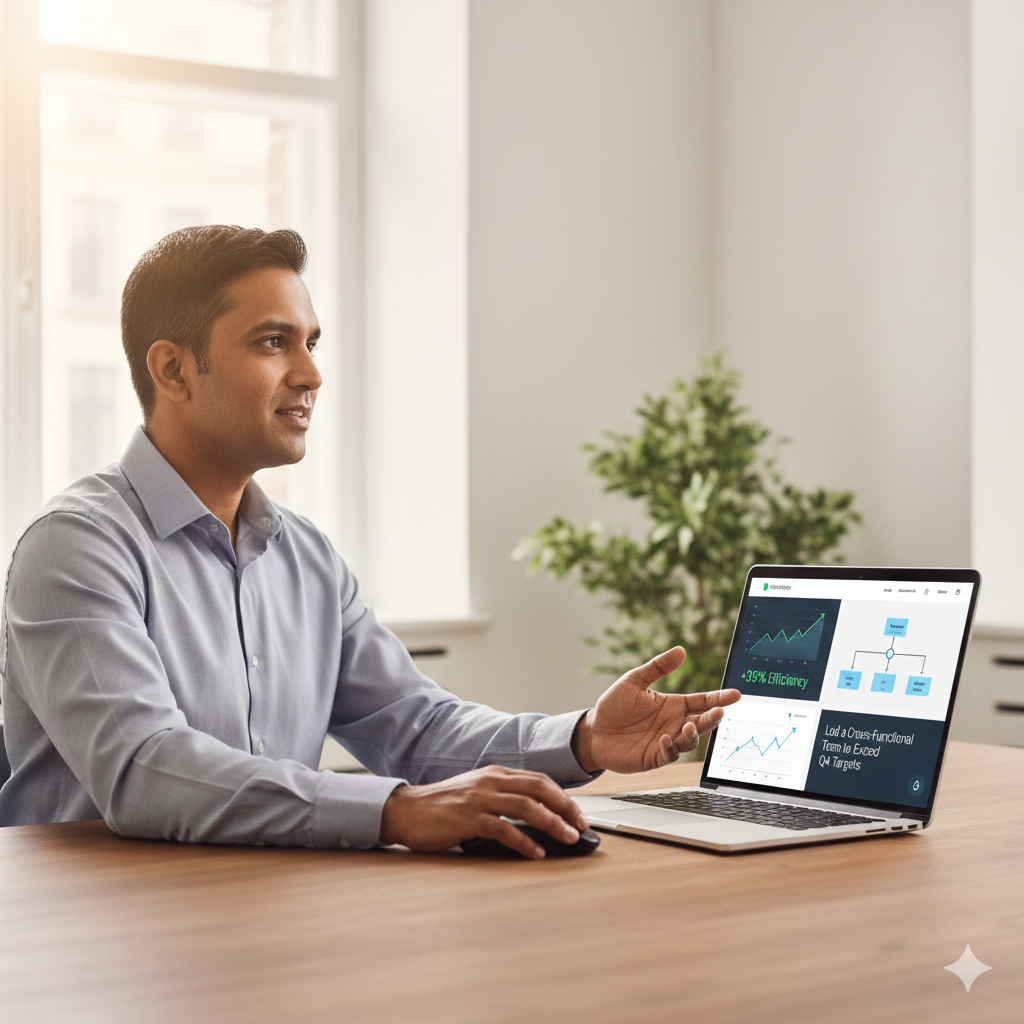 Professional reviewing work achievements with confidence for portfolio development