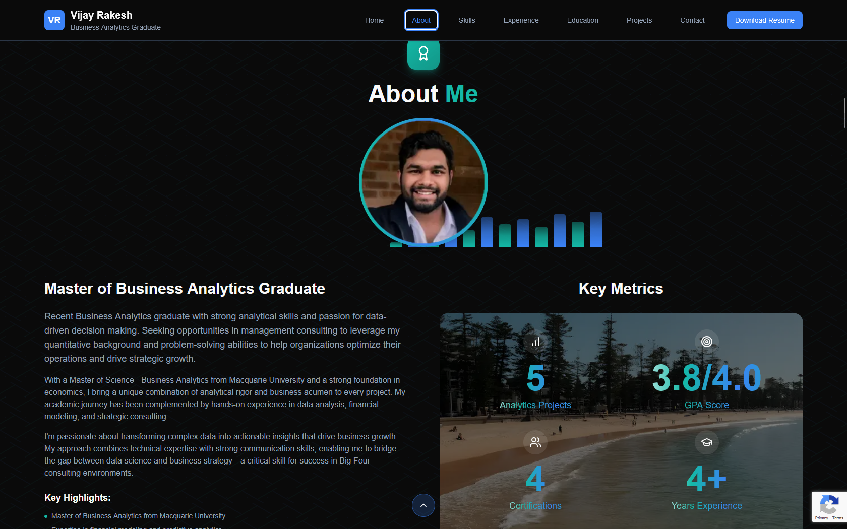 About section showcasing career story and key differentiators