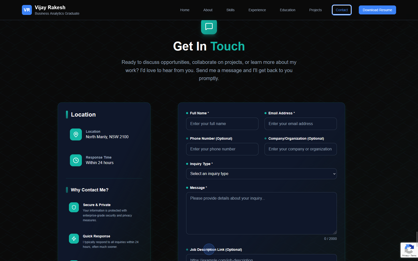 Contact form with security protection and real-time validation