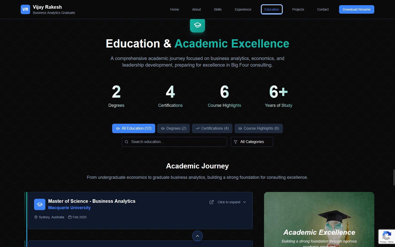 Education section displaying study timeline and course details