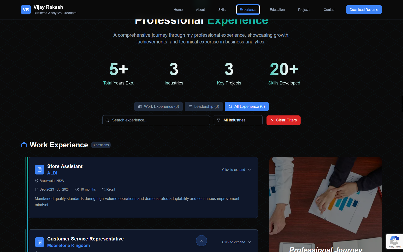 Interactive timeline displaying career progression and achievements
