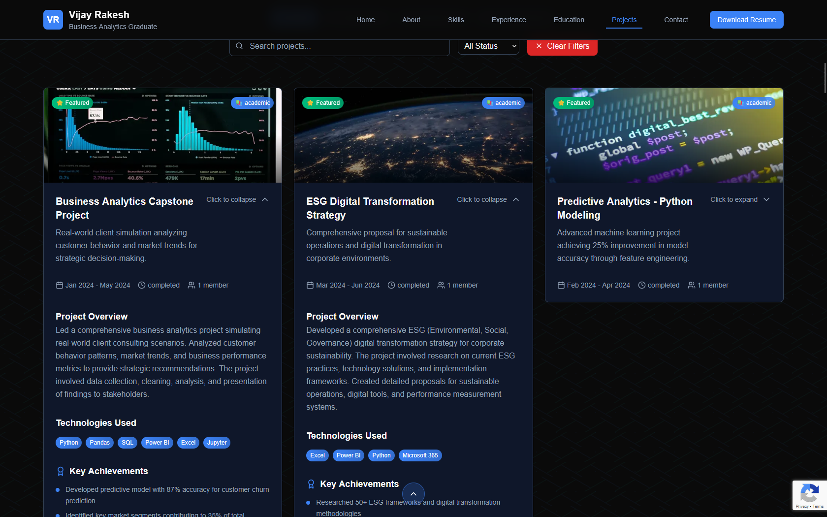 Portfolio section with filterable project grid and detailed case studies