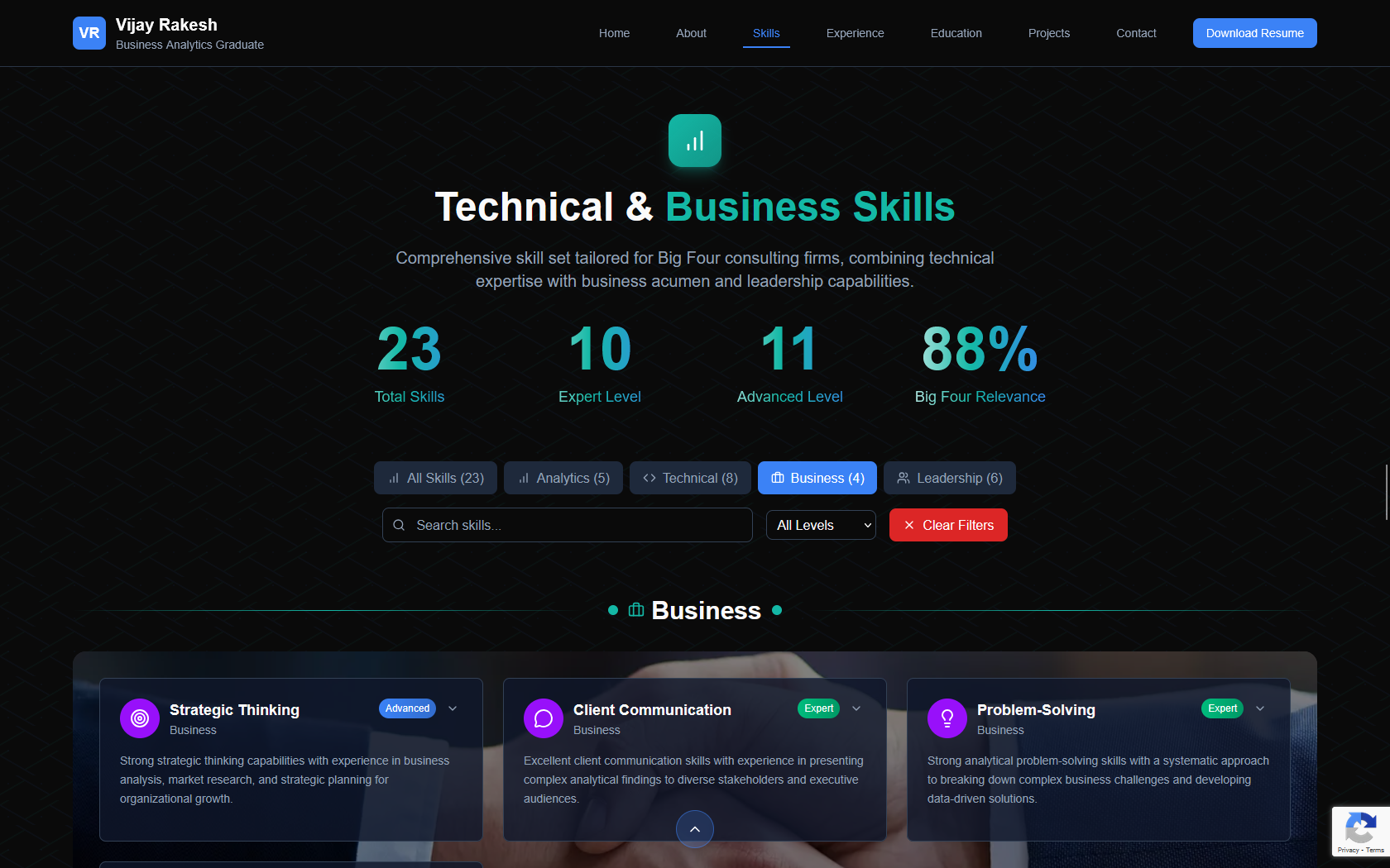 Skills section with visual representation of technical and soft skills