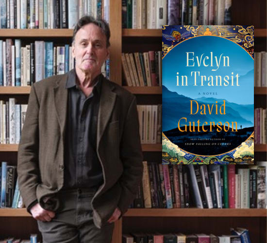 David Guterson in front of a bookshelf with the cover of his new book, Evelyn in Transit superimposed.