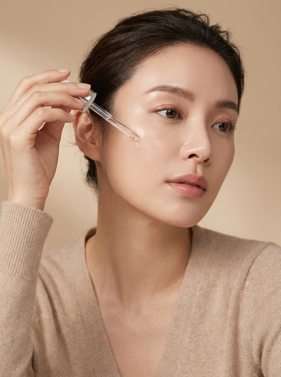 Beautiful woman applying premium skincare serum