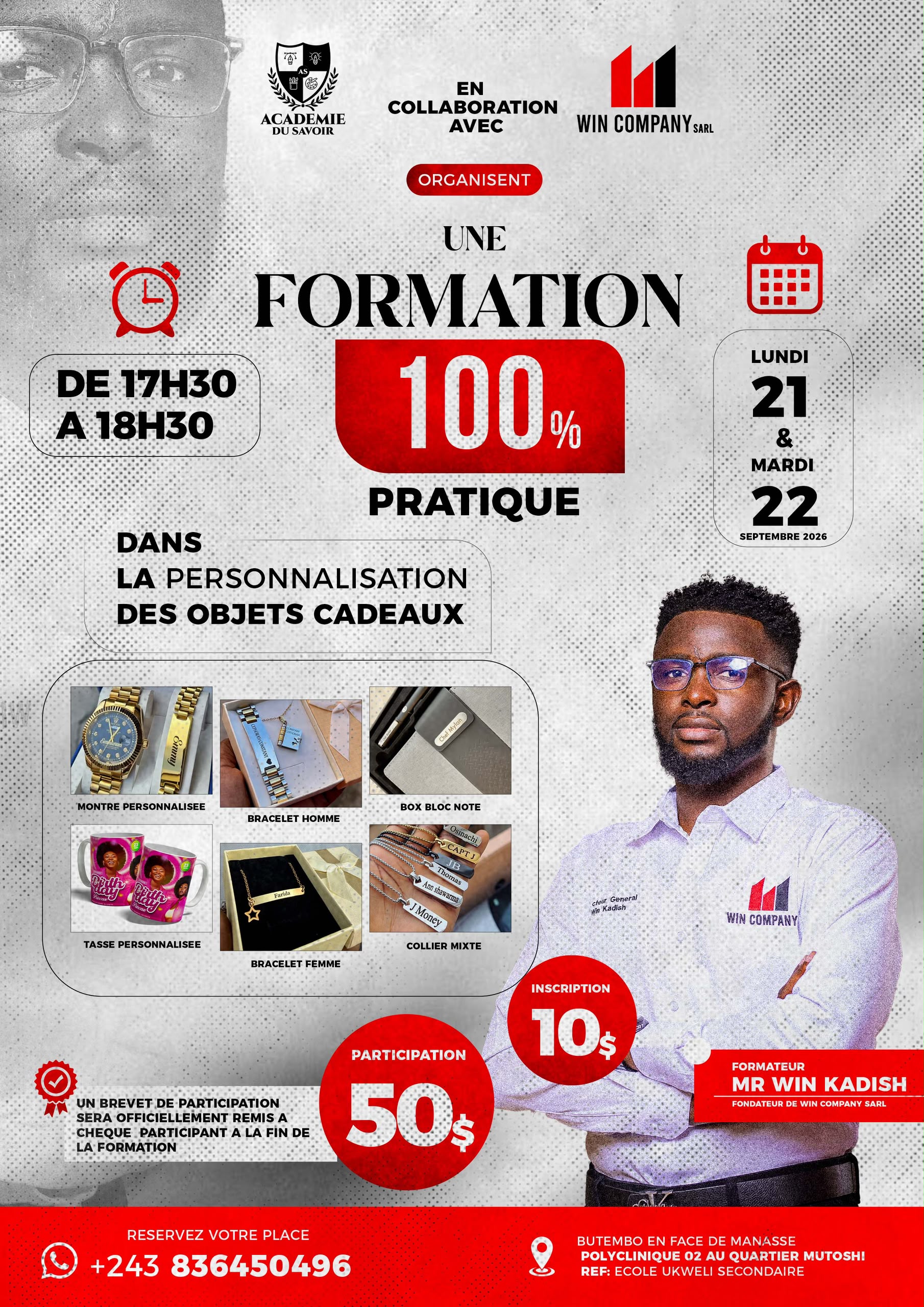 Affiche Officielle Formation Personnalisation Objets Cadeaux - Académie du Savoir & Win Company SARL