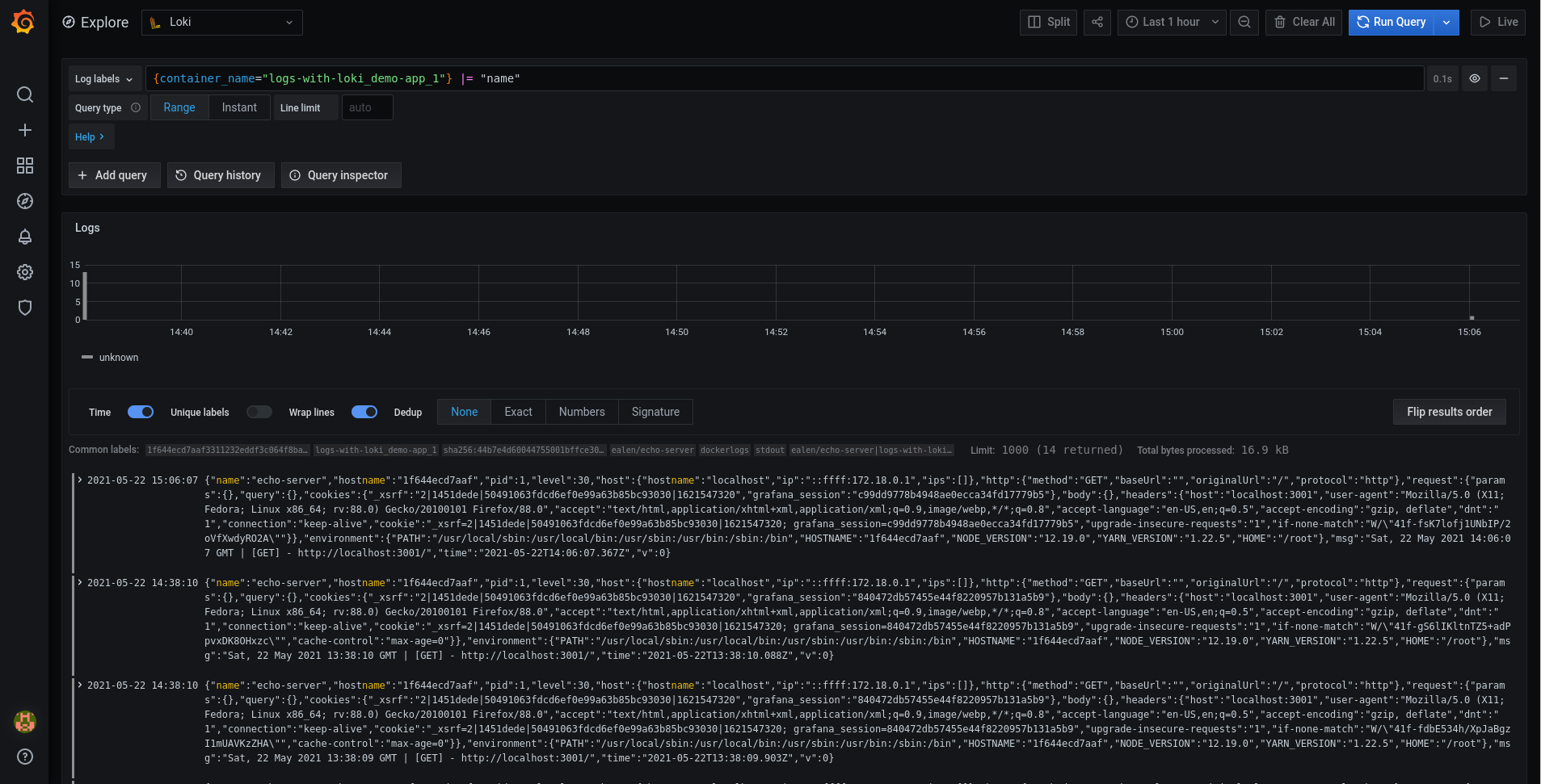 Grafana Loki Logs search view