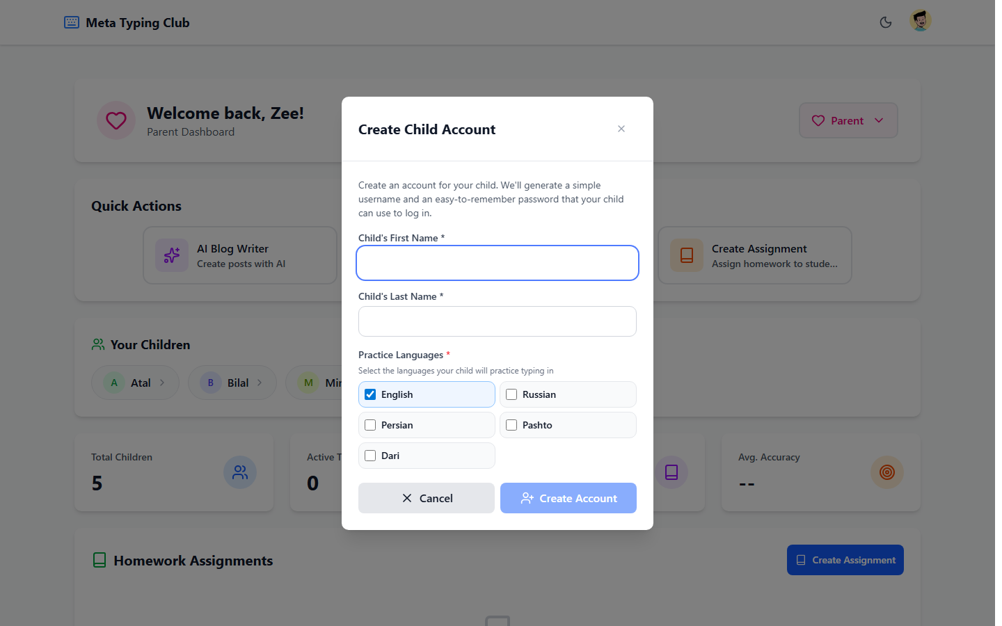 Add Child dialog showing create new and connect existing options with a form