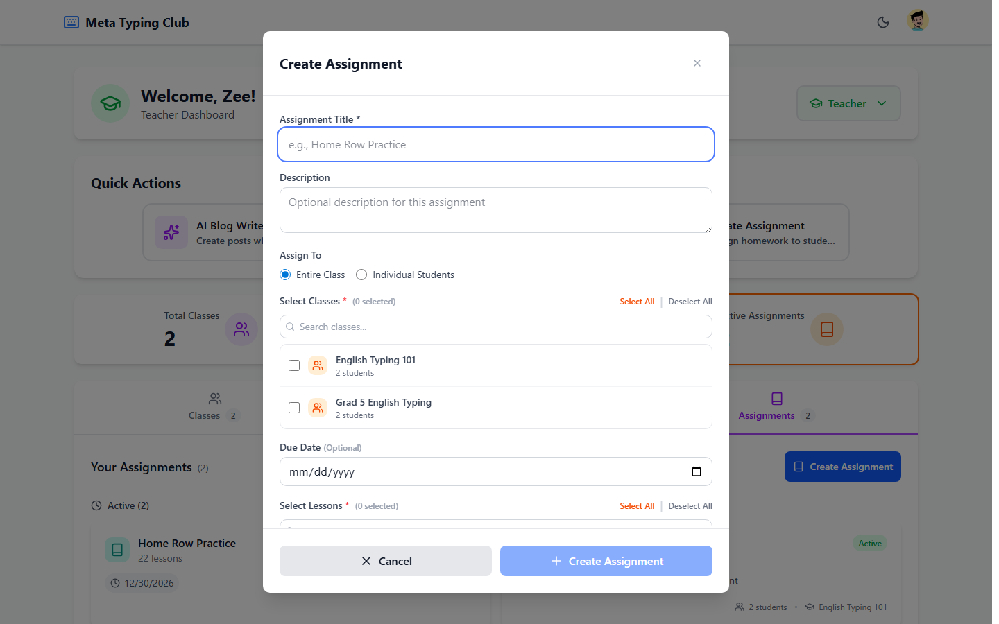 Create Assignment button highlighted