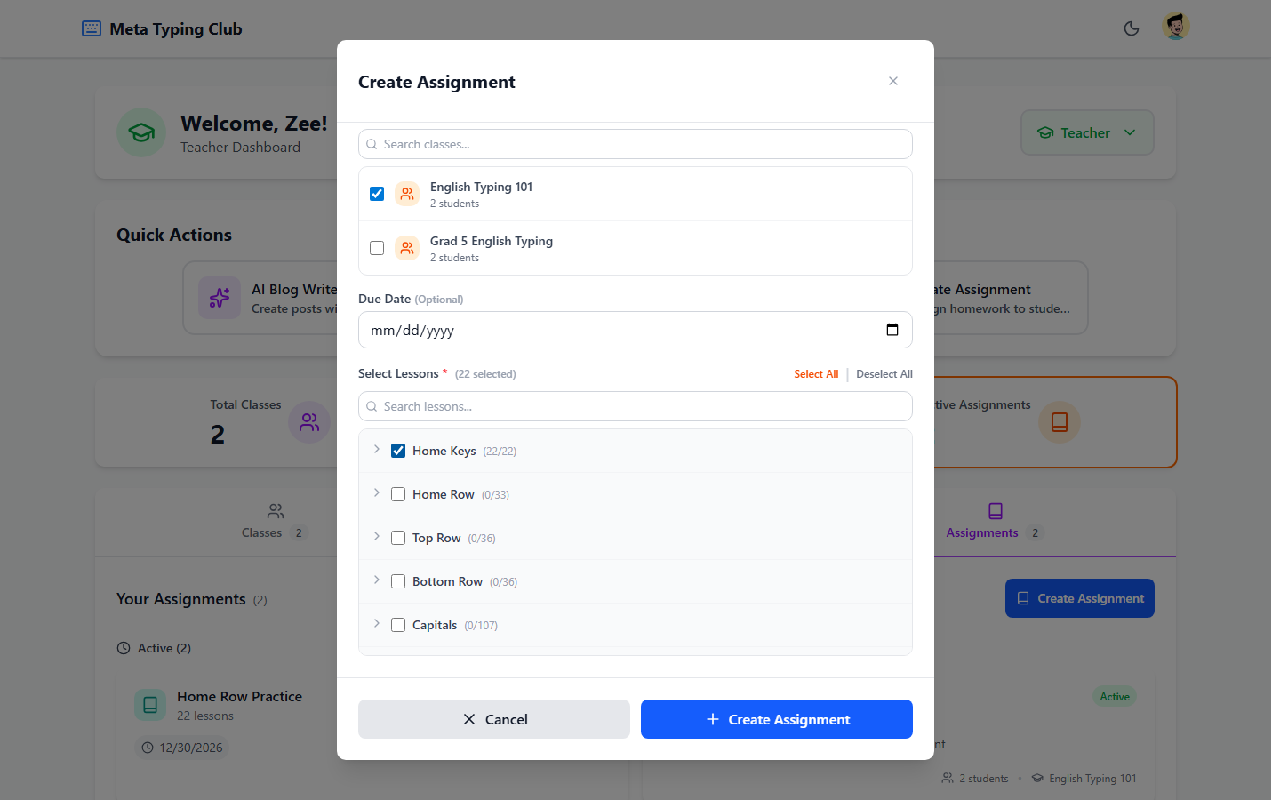 Assignment form with title, language, and lesson category filled in
