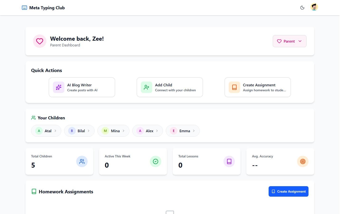 Parent dashboard with an Add Child button highlighted