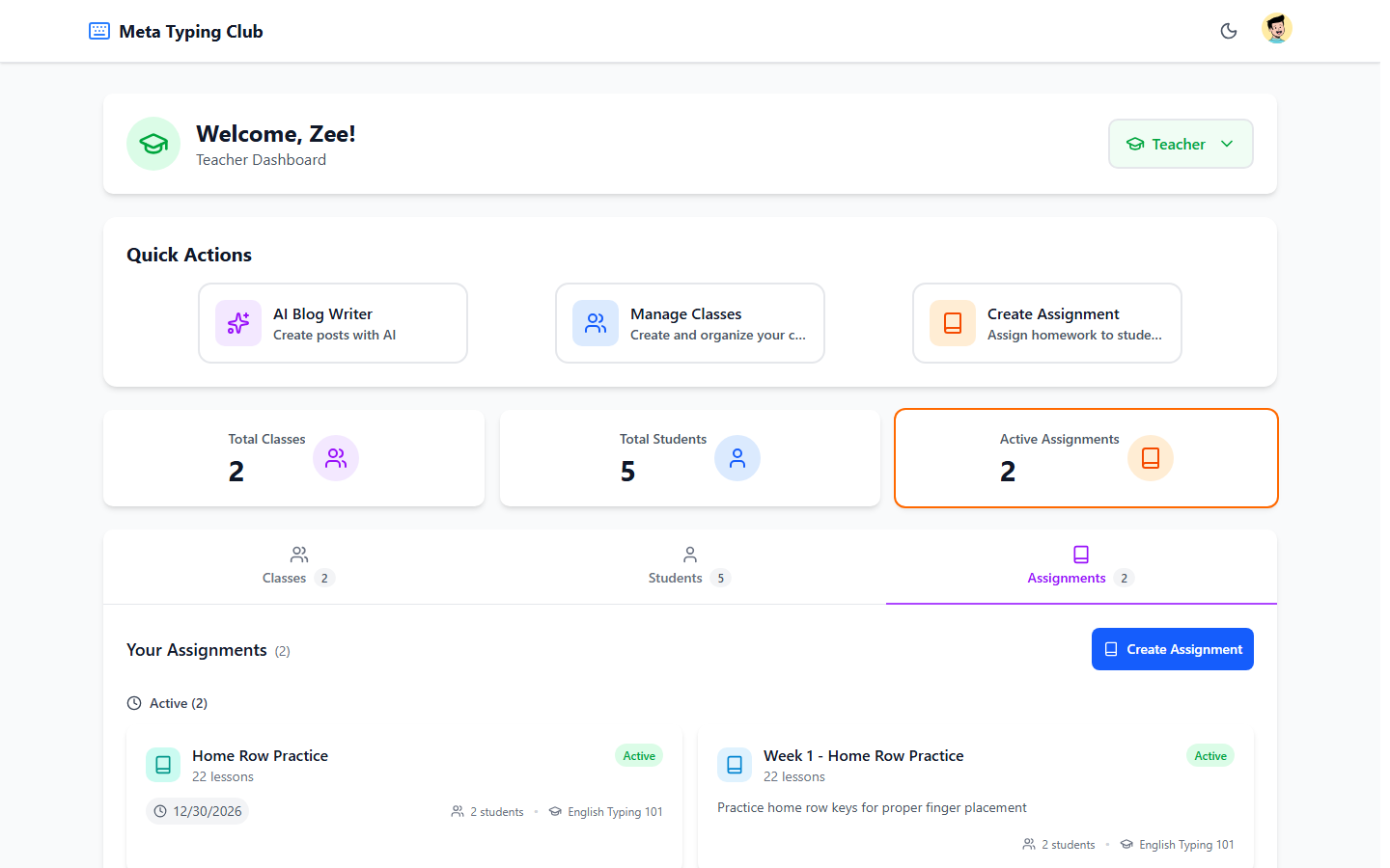 New assignment shown in the assignments list with status