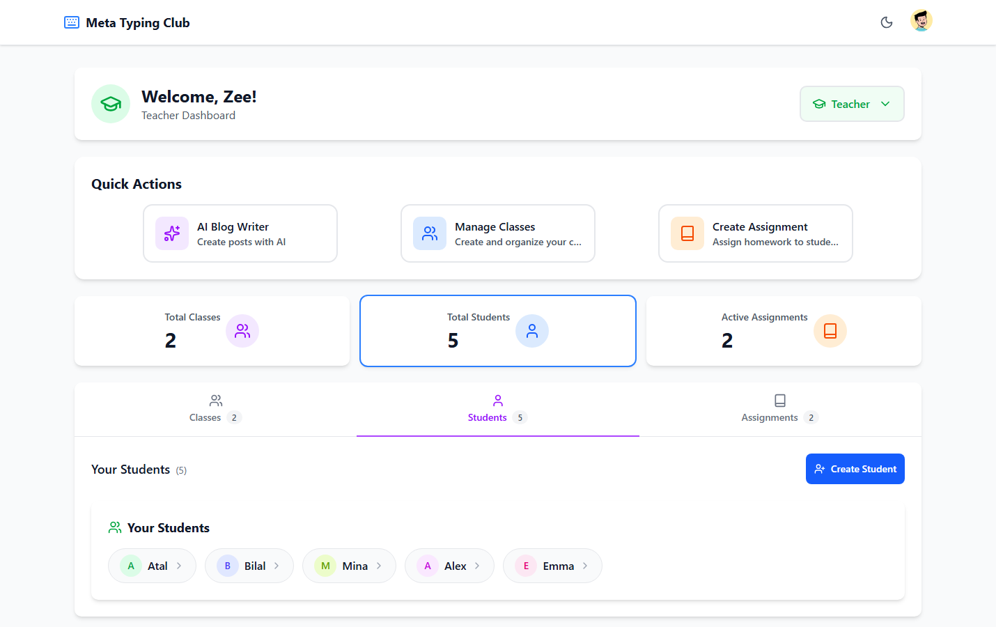 How can a teacher track each student’s typing progress?