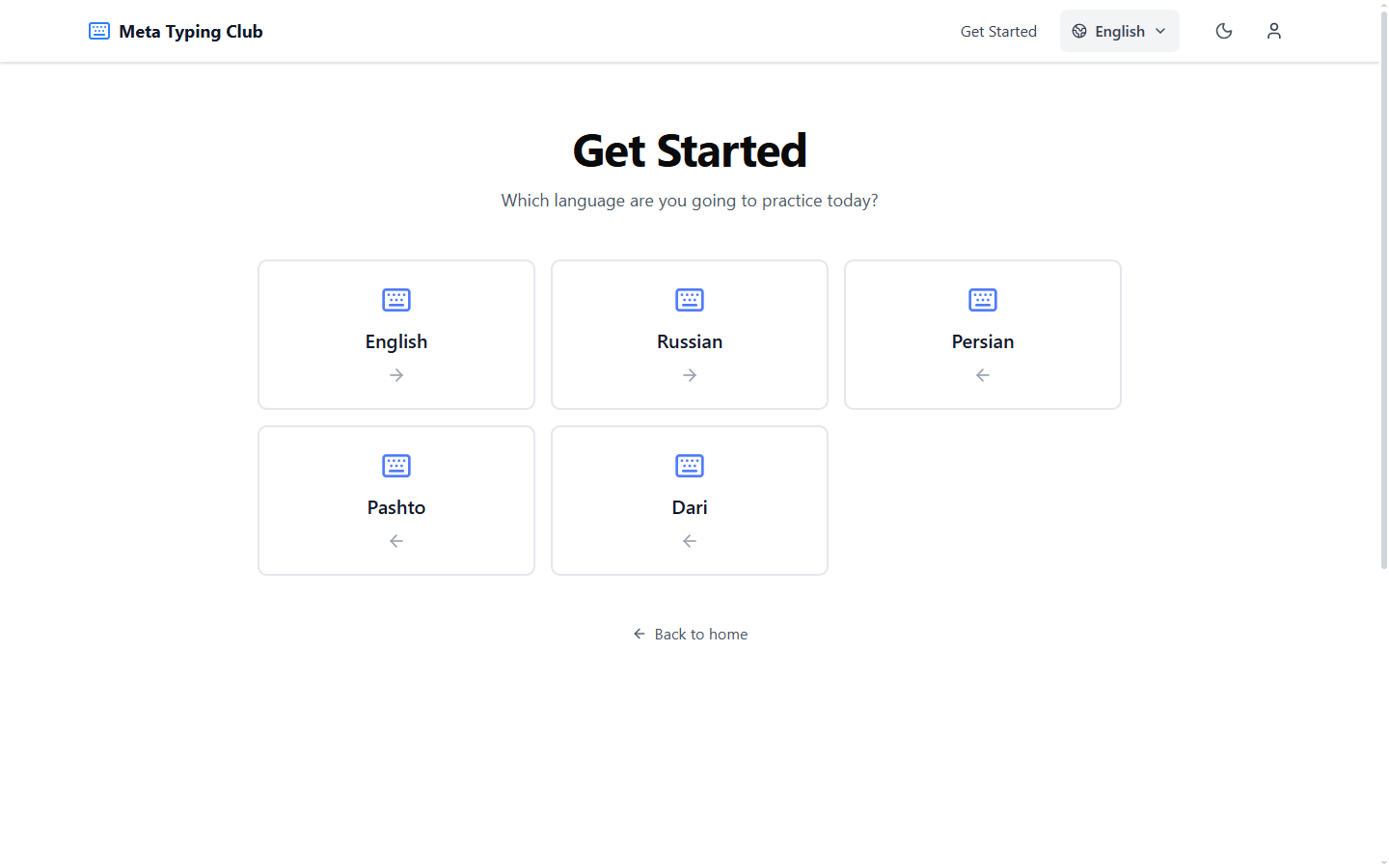 Language selection screen on Meta Typing Club with language options to choose from
