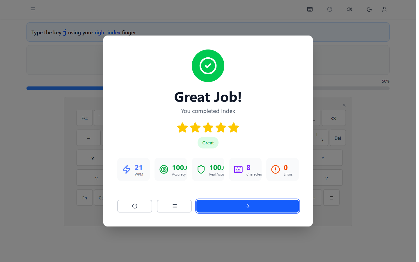 Lesson completion screen showing WPM, accuracy, Real Accuracy, and a star rating