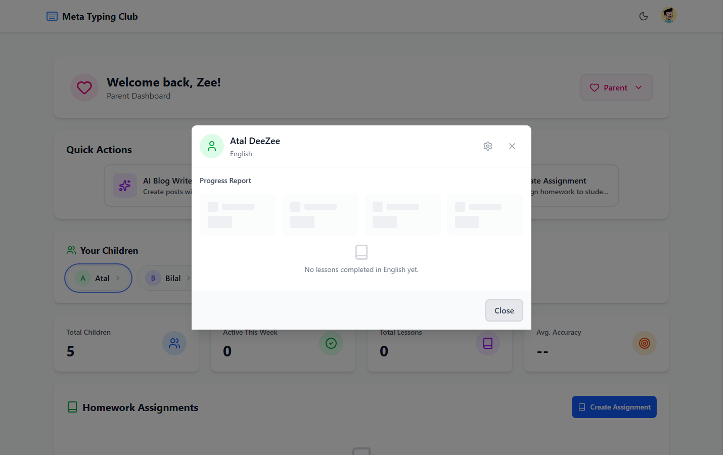 Child card with the assignments section opening